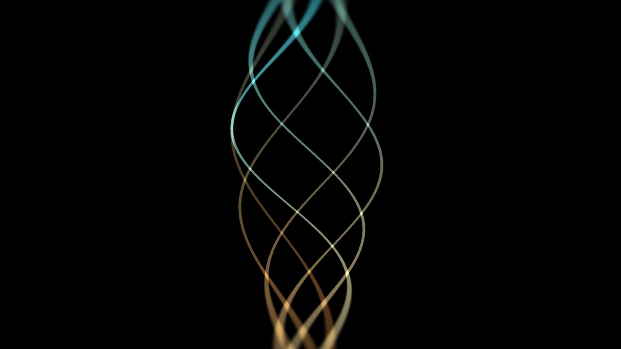 Aurora Curtain scene in Wobbly TV — twisting teal and gold ribbons of light