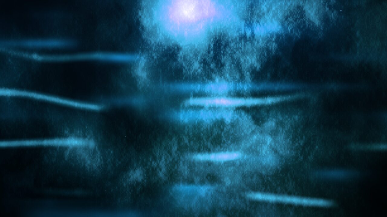 Bioluminescence scene in Wobbly TV — glowing blue and violet orbs drifting in darkness