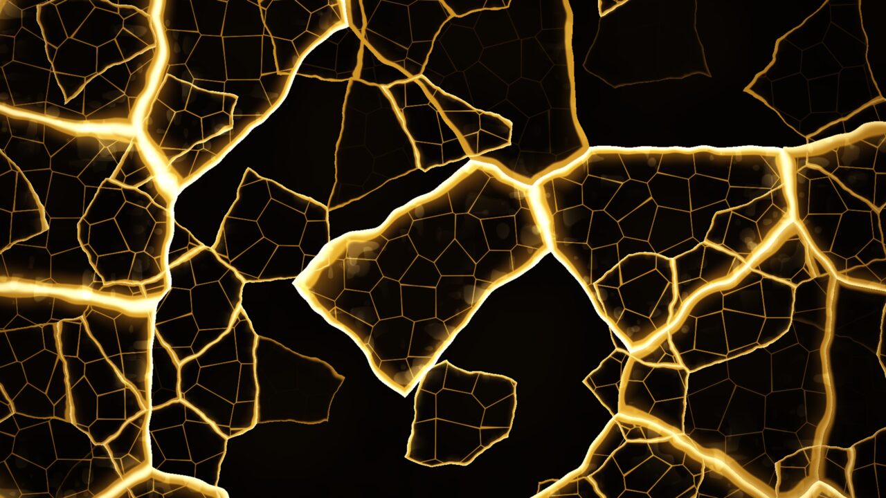 Gilded Fracture scene in Wobbly TV — glowing gold cracks spreading across the screen
