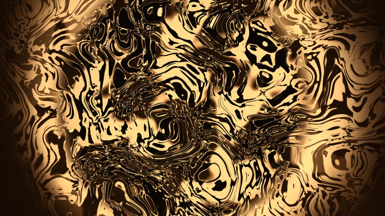 Ink Dissolve scene in Wobbly TV — swirling molten gold and black marbled pattern